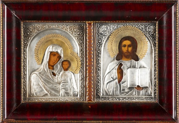 Auction <br>A PAIR OF WEDDING ICONS SHOWING THE KAZANSKAYA MOTHER OF GOD AND CHRIST PANTOKRATOR WITH