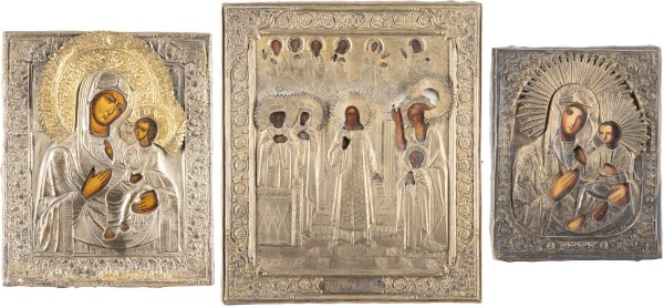 Auction <br>THREE ICONS SHOWING IMAGES OF THE MOTHER OF GOD WITH OKLAD