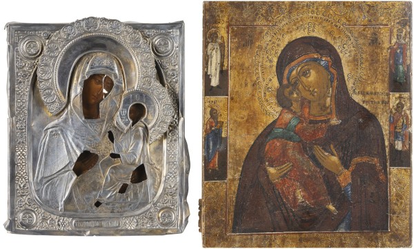 Auction <br>TWO ICONS SHOWING THE VLADIMIRSKAYA MOTHER OF GOD AND THE TIKHVINSKAYA MOTHER OF GOD WITH