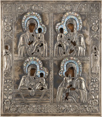 Auction <br>A LARGE QUADRI-PARTITE ICON SHOWING IMAGES OF THE MOTHER OF GOD WITH A SILVER-GILT OKLAD