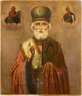 Auction <br>A LARGE DOUBLE-SIDED PROCESSIONAL ICON SHOWING THE TIKHVINSKAYA MOTHER OF GOD AND ST.