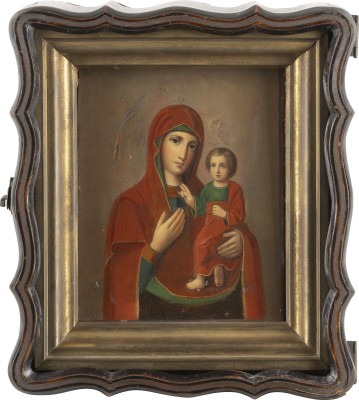 Auktion <br>IKONE MIT DER GOTTESMUTTER VON TICHWIN (TICHWINSKAJA) IM KIOT