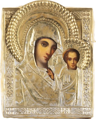 Auction <br>AN ICON SHOWING THE KAZANSKAYA MOTHER OF GOD WITH OKLAD