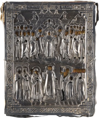 Auction <br>A SMALL ICON SHOWING THE PROTECTING VEIL OF THE MOTHER OF GOD (POKROV) WITH A SILVER OKLAD