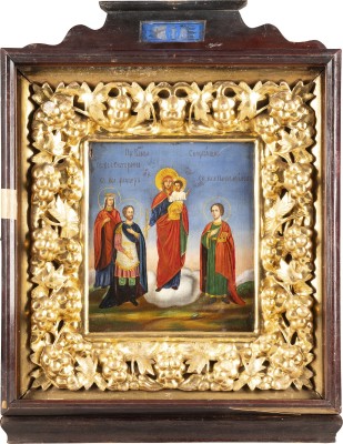 Picture GROSSE IKONE MIT DER GOTTESMUTTER FLANKIERT VON DEN HEILIGEN KATHARINA, THEODOR UND PANTELEIMON IM KIOT