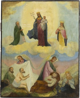 Bild GROSSE IKONE MIT DER GOTTESMUTTER 'FREUDE ALLER LEIDENDEN' FLANKIERT VON DEM PROPHETEN ELIAS UND DER HEILIGEN BARBARA