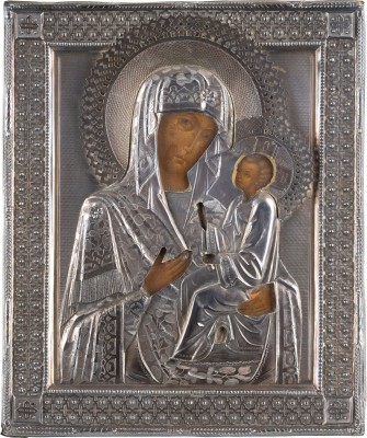 Bild FEINE IKONE MIT DER GOTTESMUTTER VON TICHWIN (TICHWINSKAJA) MIT SILBER-OKLAD