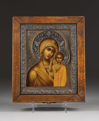 Auction <br>A VERY FINE ICON SHOWING THE KAZANSKAYA MOTHER OF GOD WITH A SILVER RIZA