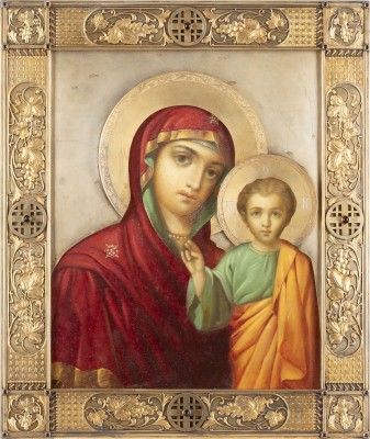 Auction <br>A LARGE AND VERY FINE ICON SHOWING THE KAZANSKAYA MOTHER OF GOD WITH AN ANT NOUVEAU
