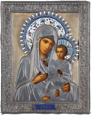Picture KLEINE IKONE MIT DER GOTTESMUTTER VON TICHWIN (TICHWINSKAJA) MIT CLOISONNÉ ENAMEL OKLAD