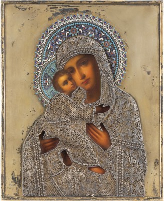 Picture IKONE MIT DER GOTTESMUTTER VON WLADIMIR (WLADIMIRSKAJA) MIT CLOISONNÉ-EMAIL-OKLAD