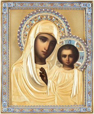 Picture IKONE MIT DER GOTTESMUTTER VON KASAN (KASANSKAJA) MIT CLOISONNÉ-EMAIL-OKLAD