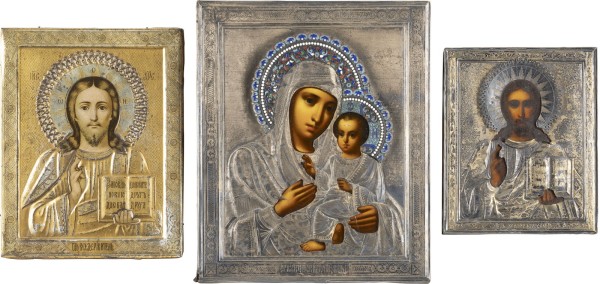 Picture DREI IKONEN: CHRISTUS PANTOKRATOR UND GOTTESMUTTER 'IWERSKAJA' MIT SILBER-OKLAD