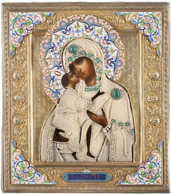 Auction <br>A VERY FINE ICON SHOWING THE FEODOROVSKAYA MOTHER OF GOD WITH AN EMBROIDERED SILVER-GILT