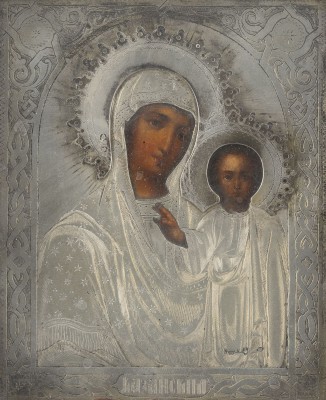 Auction <br>A SMALL ICON SHOWING THE KAZANSKAYA MOTHER OF GOD WITH A SILVER OKLAD WITHIN KYOT