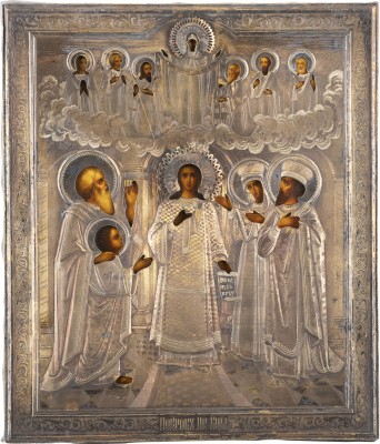 Picture IKONE MIT DEM SCHLEIERWUNDER DER GOTTESMUTTER (POKROW) MIT SILBER-OKLAD