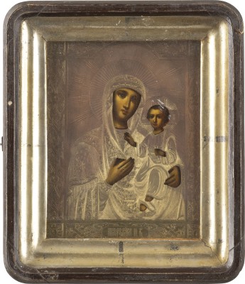Auction <br>A SMALL ICON SHOWING THE IVERSKAYA MOTHER OF GOD WITH OKLAD WITHIN KYOT