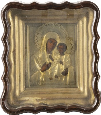 Auction <br>A SMALL ICON SHOWING THE IVERSKAYA MOTHER OF GOD WITH OKLAD WITHIN KYOT