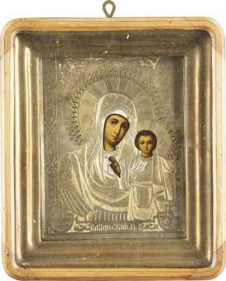 Auction <br>AN ICON SHOWING THE KAZANSKAYA MOTHER OF GOD WITH OKLAD WITHIN KYOT