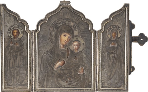 Auction <br>A MASSIVE SILVER TRIPTYCH SHOWING THE IVERSKAYA MOTHER OF GOD FLANKED BY STS. ALEXANDER