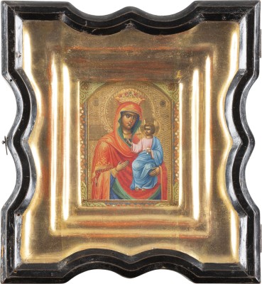 Bild MINIATUR-IKONE MIT DER GOTTESMUTTER 'DIE SCHNELL ERHÖRENDE' (SKOROPOSLUSNITSA) IM KIOT