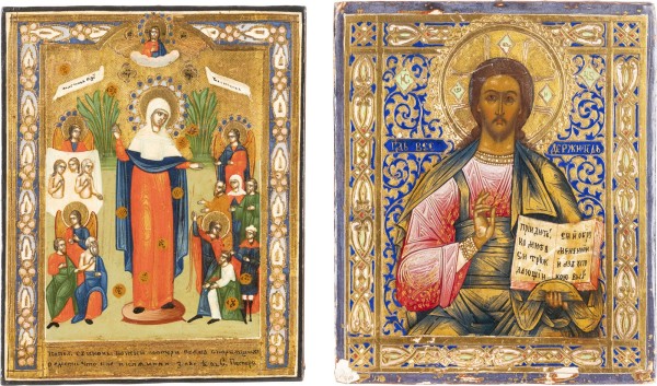 Picture ZWEI KLEINFORMATIGE IKONEN: CHRISTUS PANTOKRATOR UND GOTTESMUTTER 'FREUDE ALLER LEIDENDEN MIT DEN MÜNZEN'