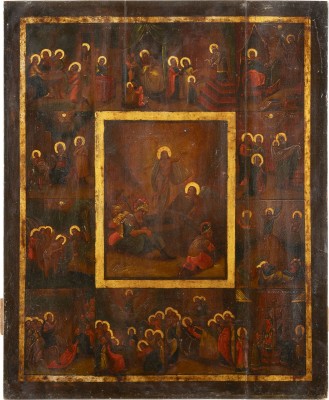 Bild GROSSFORMATIGE IKONE MIT DER AUFERSTEHUNG CHRISTI UND ZWÖLF HOCHFESTEN DES ORTHODOXEN KIRCHENJAHRES