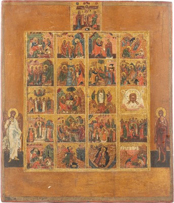 Bild SEHR FEINE IKONE MIT HOCHFESTEN DES ORTHODOXEN KIRCHENJAHRES UND DER KREUZIGUNG CHRISTI