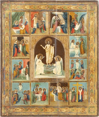 Picture IKONE MIT DER AUFERSTEHUNG CHRISTI UND ZWÖLF HOCHFESTEN