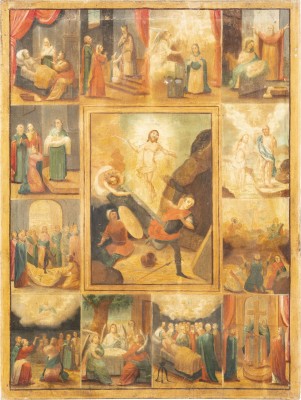 Bild GROSSFORMATIGE IKONE MIT DER AUFERSTEHUNG CHRISTI UND ZWÖLF HOCHFESTEN DES ORTHODOXEN KIRCHENJAHRES