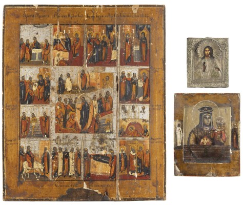Auktion <br>DREI IKONEN: CHRISTUS PANTOKRATOR MIT OKLAD, GOTTESMUTTER VON TSCHENSTOCHAU UND FESTTAGSIKONE