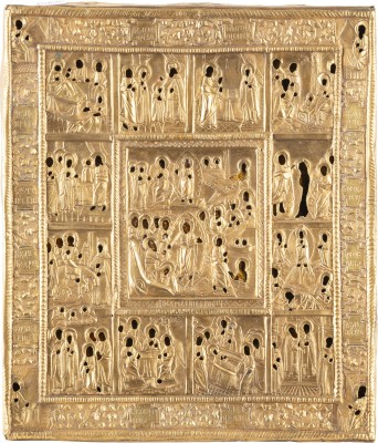 Auction <br>AN ICON SHOWING THE RESURRECTION OF CHRIST AND THE DESCENT INTO HELL WITH 12 MAJOR FEASTS