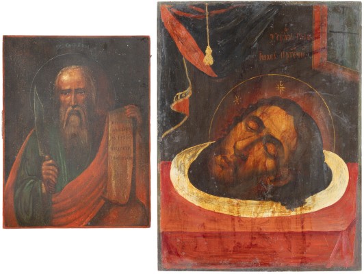 Auktion <br>ZWEI IKONEN: PROPHET ELIAS UND DAS HAUPT JOHANNES DES VORLÄUFERS
