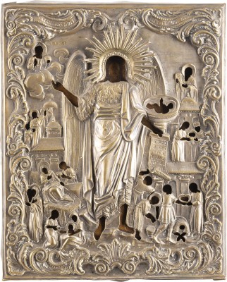 Auction <br>AN ICON SHOWING ST. JOHN THE FORERUNNER WITH SCENES FROM HIS LIFE WITH OKLAD