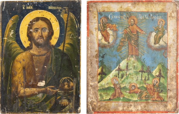 Auction <br>A SMALL ICON SHOWING ST. JOHN THE FORERUNNER AND A DOUBLE-SIDED ICON SHOWING ST.
