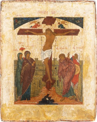 Auction <br>A VERY FINE ICON SHOWING THE CRUCIFIXION OF CHRIST