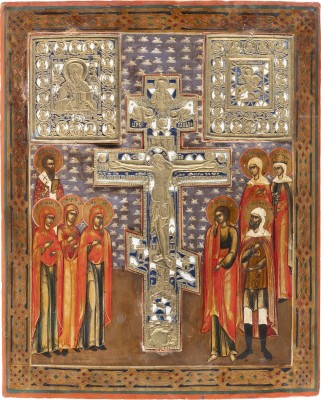 Auction <br>A LARGE STAUROTHEK ICON SHOWING THE CRUCIFIXION OF CHRIST AND A BRASS TRIPTYCH SHOWING THE