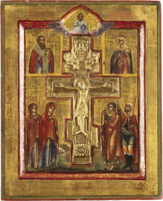 Bild KLEINE STAUROTHEK MIT DER KREUZIGUNG CHRISTI UND DEN HEILIGEN BASILIUS DEM GROSSEN UND KATHARINA