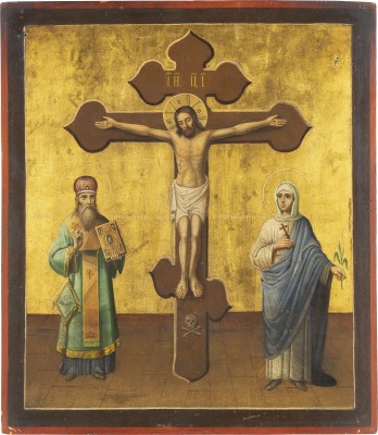 Picture GROSSE IKONE MIT DER KREUZIGUNG CHRISTI FLANKIERT VON DEN HEILIGEN BASILIUS DEM GROSSEN UND AKILINA