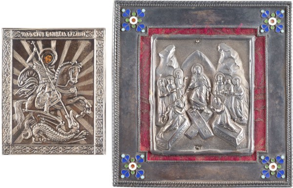 Auktion <br>ZWEI KLEINE IKONEN: HÖLLENFAHRT CHRISTI UND HEILIGEN GEORG DER DRACHENTÖTER MIT SILBER-OKLAD