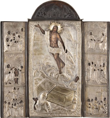 Auction <br>A MONUMENTAL TRIPTYCH SHOWING THE RESURRECTION OF CHRIST AND MAIN FEASTS WITH OKLAD