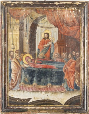 Auction <br>A LARGE DOUBLE-SIDED ICON SHOWING THE RESURRECTION OF CHRIST AND THE DORMITION OF THE