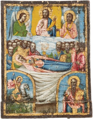 Picture GROSSE IKONE MIT DEM ENTSCHLAFEN DER GOTTESMUTTER UND DEN HEILIGEN GEORG UND HARALAMBIUS