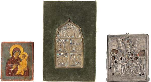 Auction <br>TWO SMALL ICONS SHOWING THE TIKHVINSKAYA MOTHER OF GOD AND THE ASCENSION OF CHRIST WITH