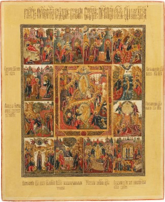 Picture GROSSFORMATIGE UND SEHR FEINE IKONE MIT DER AUFERSTEHUNG UND HÖLLENFAHRT CHRISTI MIT ZWÖLF HOCHFESTEN DES ORTHODOXEN KIRCHENJAHRES