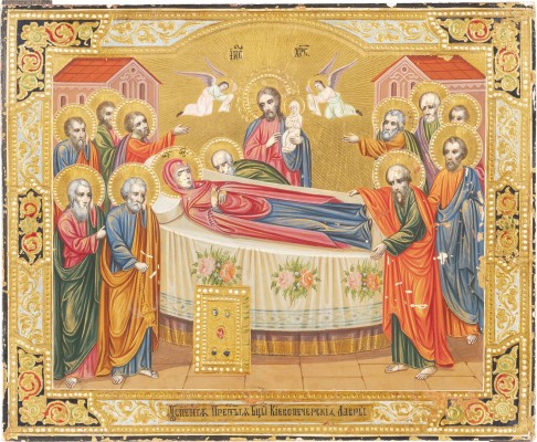 Auction <br>A LARGE ICON SHOWING THE DORMITION OF THE MOTHER OF GOD SHOWING THE ICON OF THE KIEV CAVES