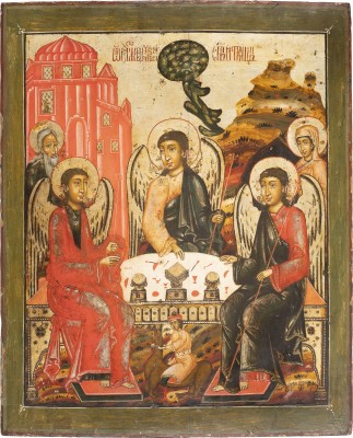 Picture MONUMENTALE UND SEHR FEINE IKONE MIT DER ALTTESTAMENTLICHEN DREIFALTIGKEIT AUS EINER KIRCHEN-IKONOSTASE