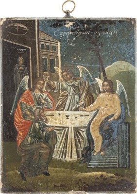 Auction <br>TWO ICONS SHOWING THE OLD TESTAMENT TRINITY AND THE TIKHVINSKAYA MOTHER OF GOD