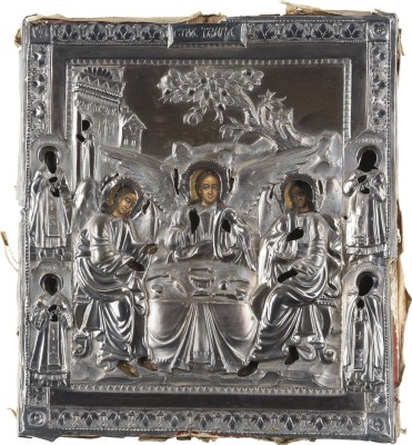 Auction <br>A SMALL ICON SHOWING THE OLD TESTAMENT TRINITY WITH A SILVER OKLAD
