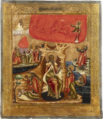 Bild IKONE MIT DEM PROPHETEN ELIAS, SEINEM LEBEN IN DER WÜSTE UND SEINER FEURIGEN HIMMELFAHRT
